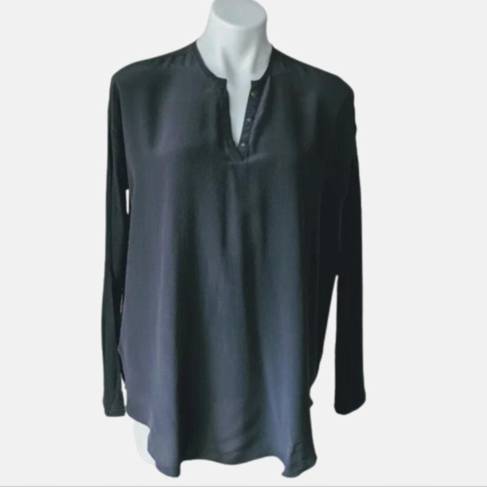 CHASER Silk Henley Shirttail Top in Washed Black, M NWT